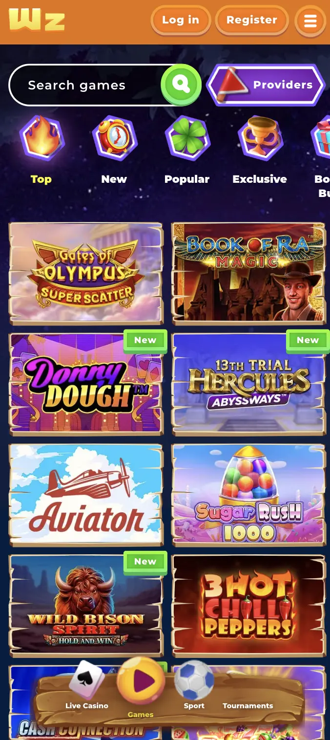Wazamba mobile casino game lobby with top slots